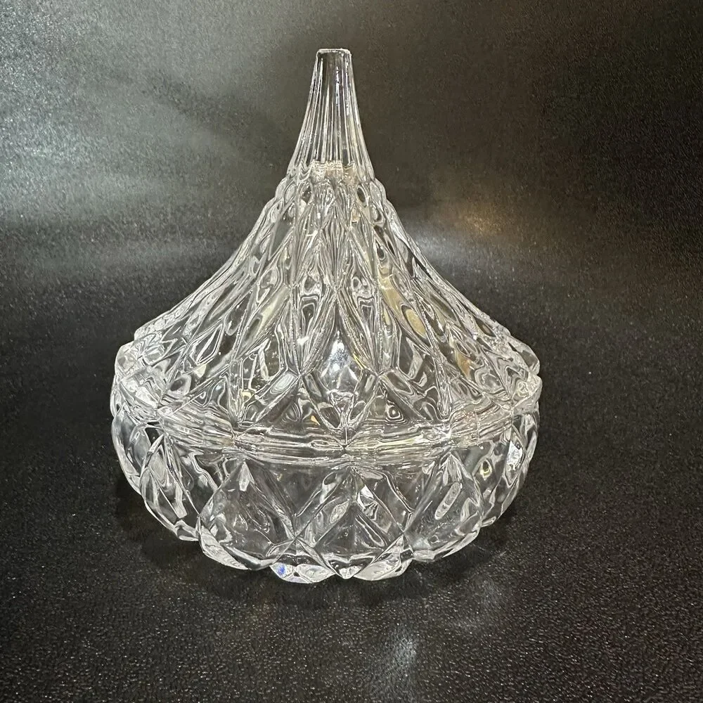 Clear Glass Geometric Cut Glass Bowl with Lid Hersey Kiss Crystal Fairy Garden